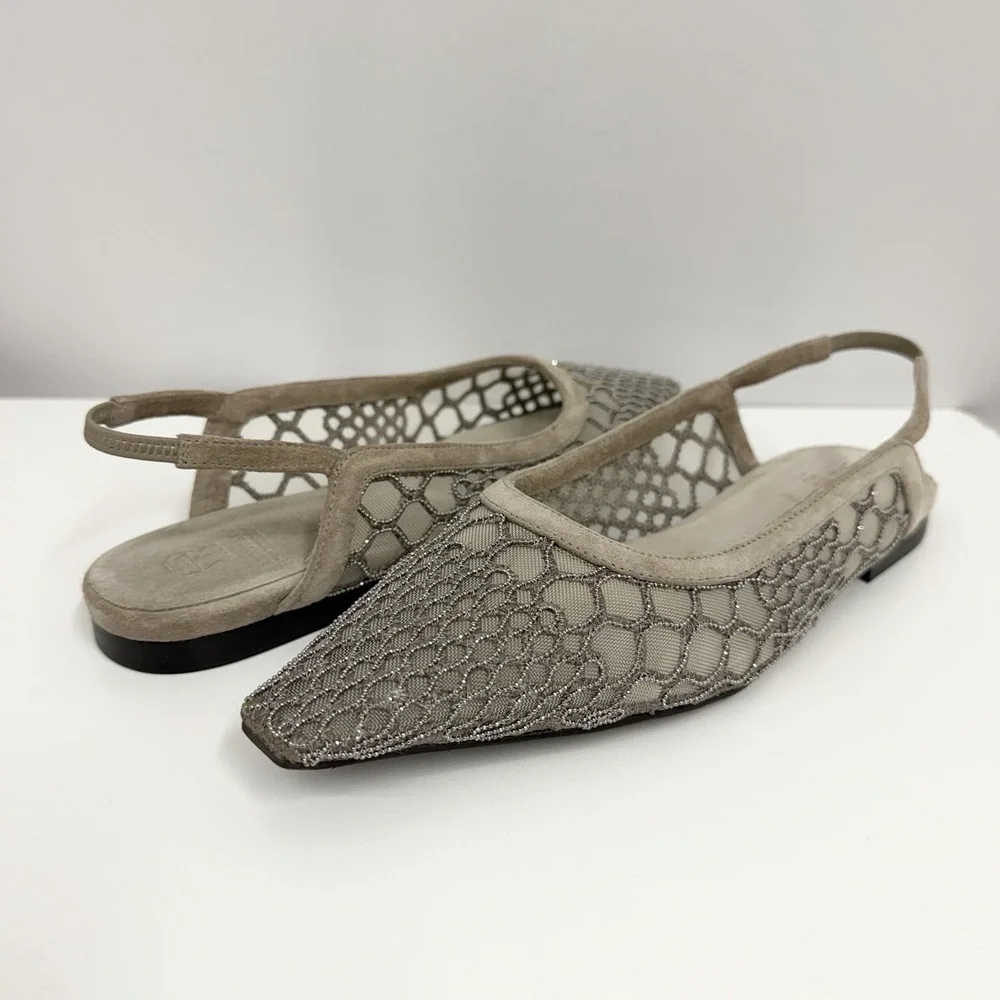 Brunello Cucinelli Monili Mesh Slingbacks Flats Shoes Taupe Suede 37 1/2 7.5 B